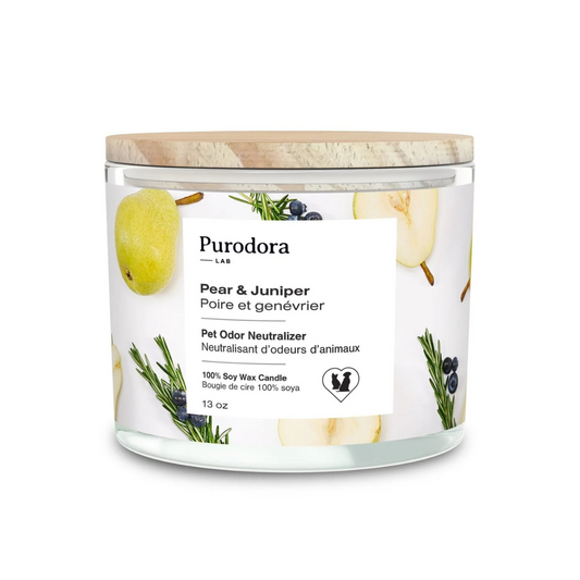 Bougie de cire 100% soya et neutralisant d’odeurs d’animaux – Poire & Genévrier